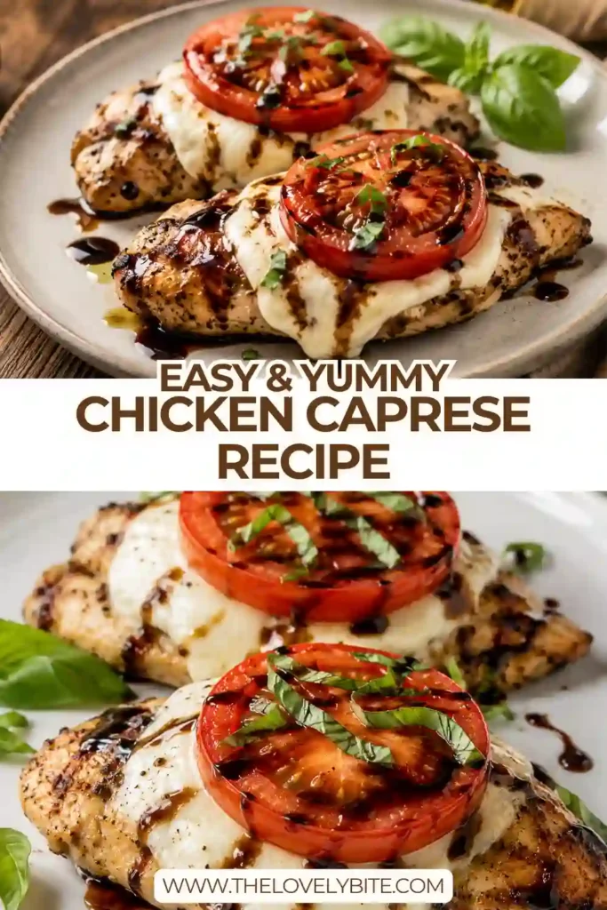 Chicken Caprese Recipe featuring juicy grilled chicken topped with melted mozzarella, ripe tomato, fresh basil, and balsamic reduction. The Italian-inspired chicken is served warm with colorful fresh toppings.