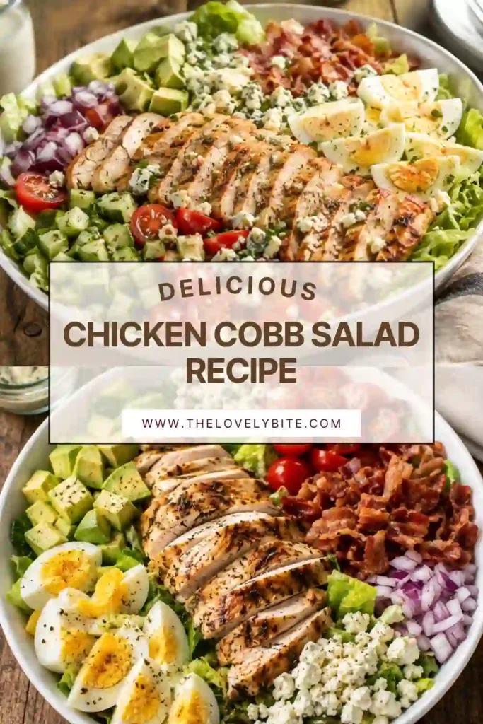 Fresh Chicken Cobb Salad arranged with juicy grilled chicken, crisp romaine lettuce, creamy avocado, eggs, tomatoes, cucumber, onions, and blue cheese. A wholesome, high-protein salad topped with homemade ranch dressing.