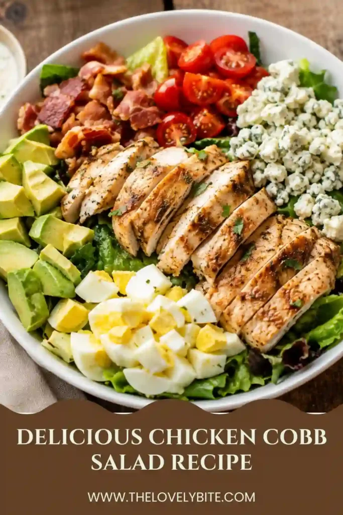 Healthy Chicken Cobb Salad featuring grilled chicken tenders, crunchy vegetables, avocado, eggs, and blue cheese served over fresh romaine lettuce. A colorful meal that's perfect for meal prep.