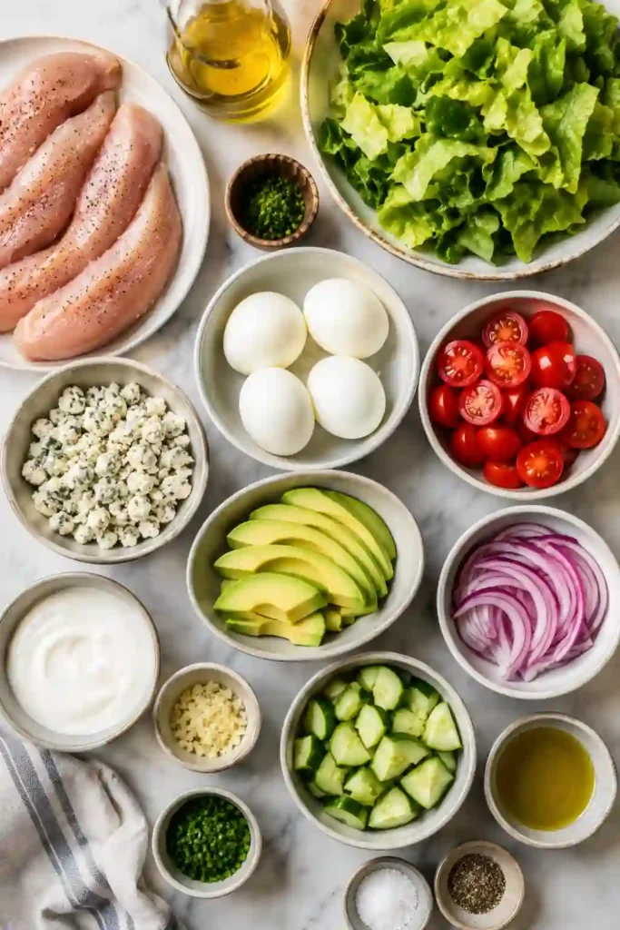 A colorful Chicken Cobb Salad served with grilled chicken, avocado slices, cherry tomatoes, hard-boiled eggs, cucumber, blue cheese, and homemade ranch dressing. This healthy grilled chicken salad is fresh, protein-rich, and perfect for lunch or dinner.