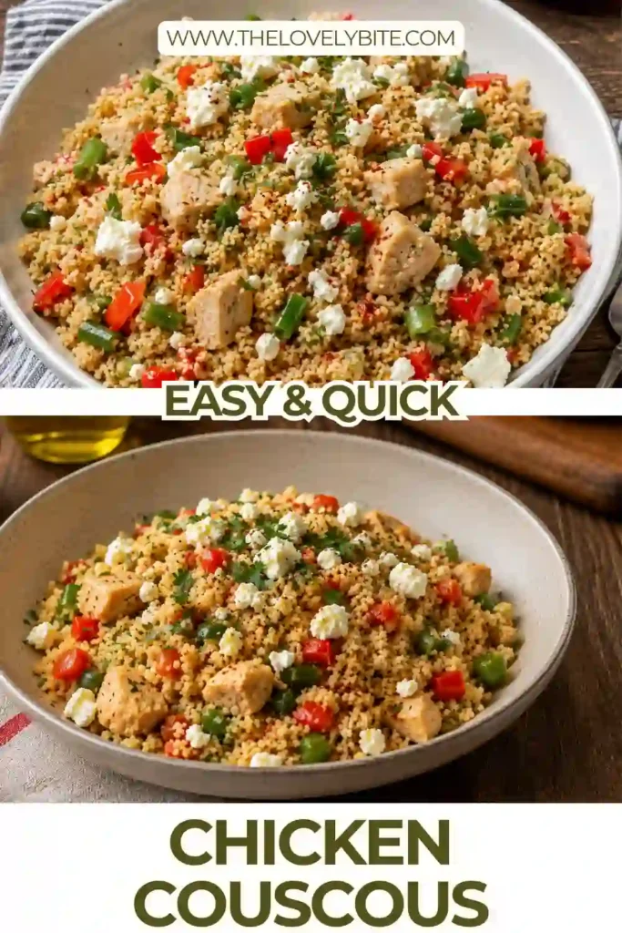 A serving of chicken couscous topped with fresh parsley, crumbled feta, and chili flakes. The couscous bowl features tender chicken, zucchini, green beans, bell pepper, and aromatic spices.