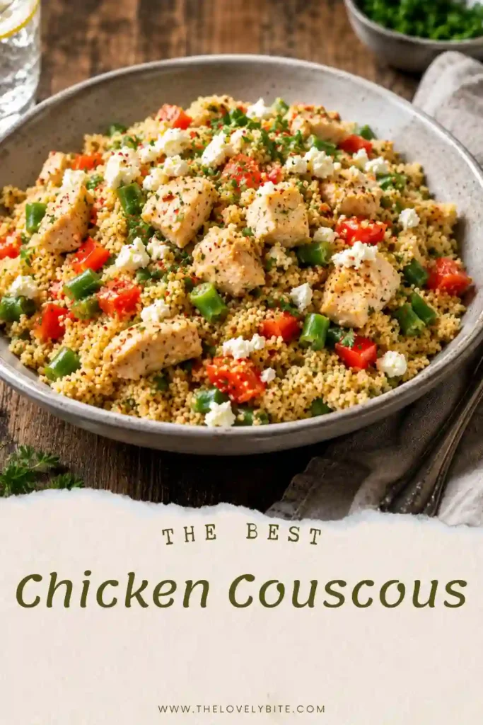 Homemade chicken couscous served in a bowl with whole wheat couscous, diced vegetables, chicken, feta cheese, and fresh herbs. The colorful ingredients create an easy and wholesome weeknight dinner.
