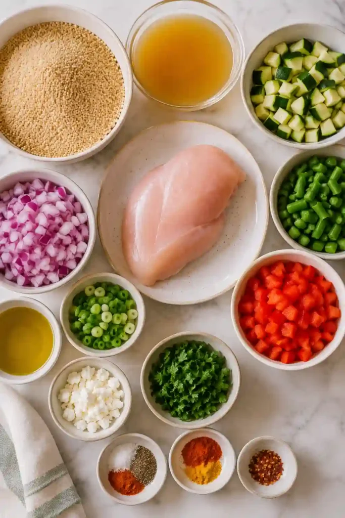 A colorful chicken couscous bowl filled with fluffy whole wheat couscous, tender chicken, zucchini, green beans, and red bell pepper. Fresh parsley and crumbled feta add bright color and texture to this easy couscous bowl.