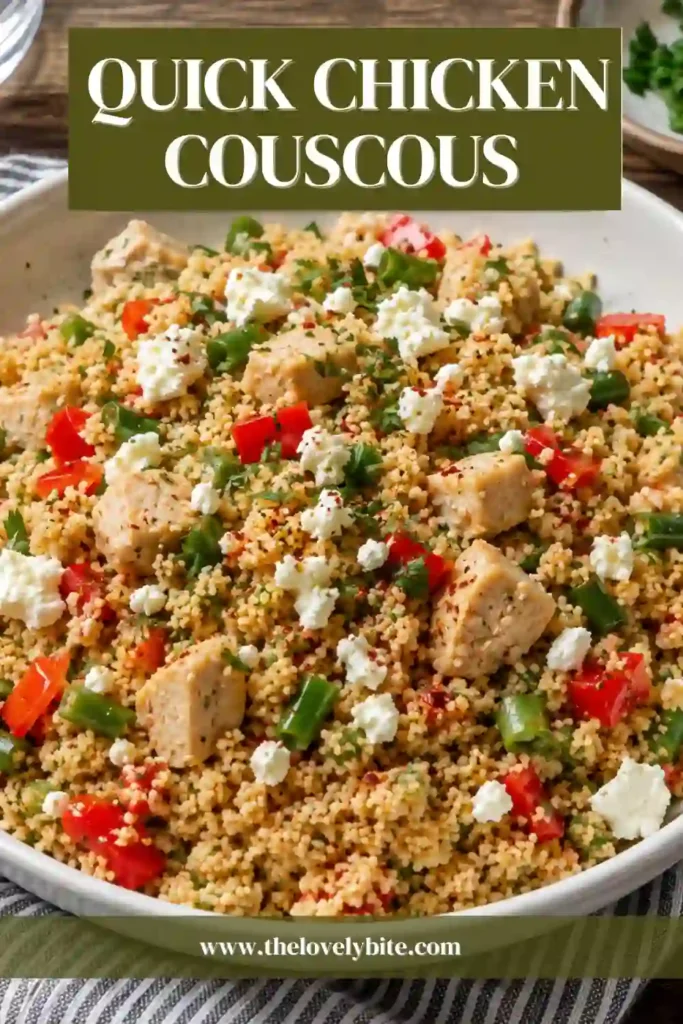 Close-up of a flavorful couscous bowl with tender chicken, vegetables, parsley, and crumbled feta. Golden couscous and colorful peppers create an appetizing presentation for this quick chicken couscous recipe.