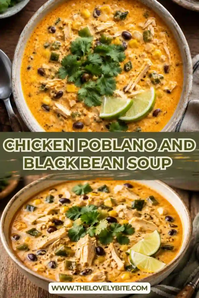 3. Poblano chicken soup with shredded chicken, black beans, golden corn, and chopped poblano pepper in a creamy broth. Fresh lime and cilantro add a bright finish.