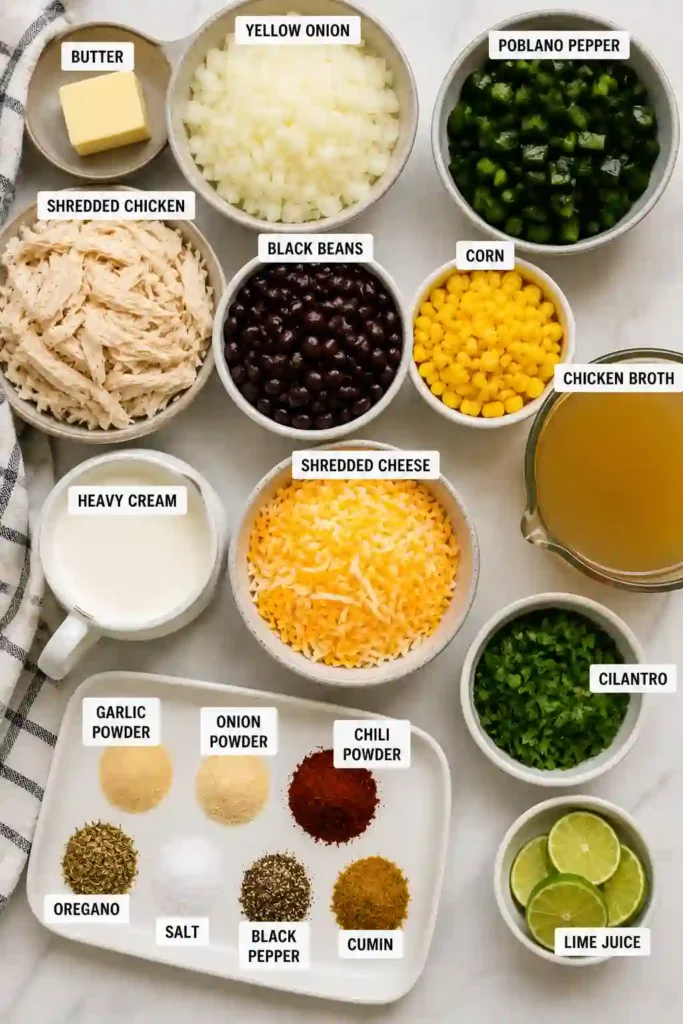 4. Homemade Chicken Poblano and Black Bean Soup topped with cilantro and shredded cheese. This creamy one-pot soup is packed with chicken, colorful corn, beans, and poblano peppers.