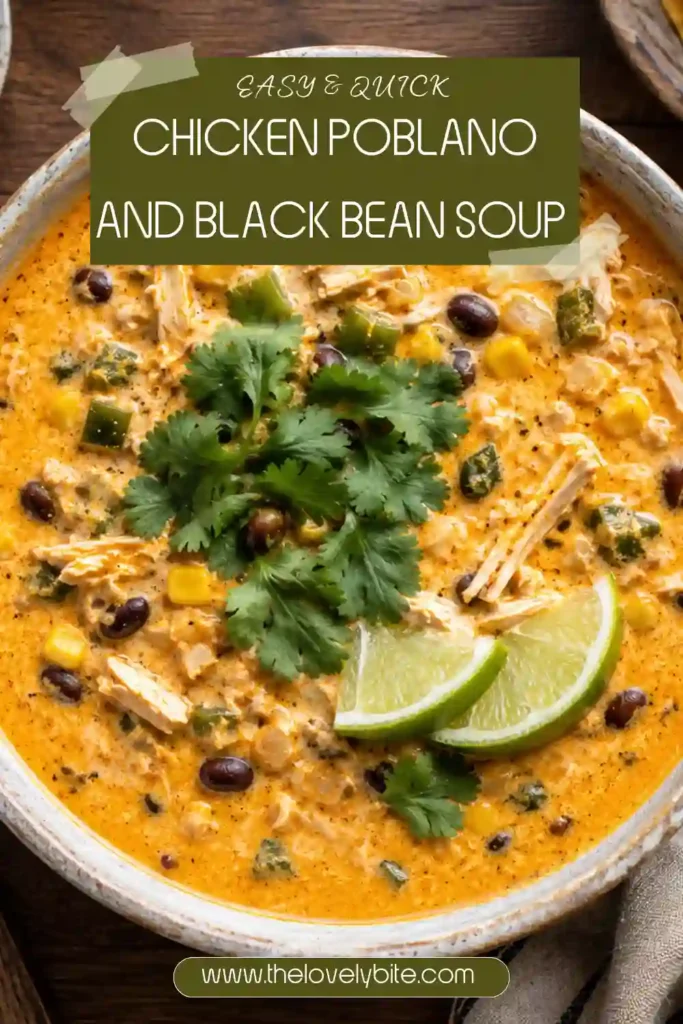2. Creamy Chicken Poblano and Black Bean Soup filled with tender chicken, sweet corn, black beans, and melted cheese. Fresh cilantro adds color to the hearty Southwestern-inspired soup.
