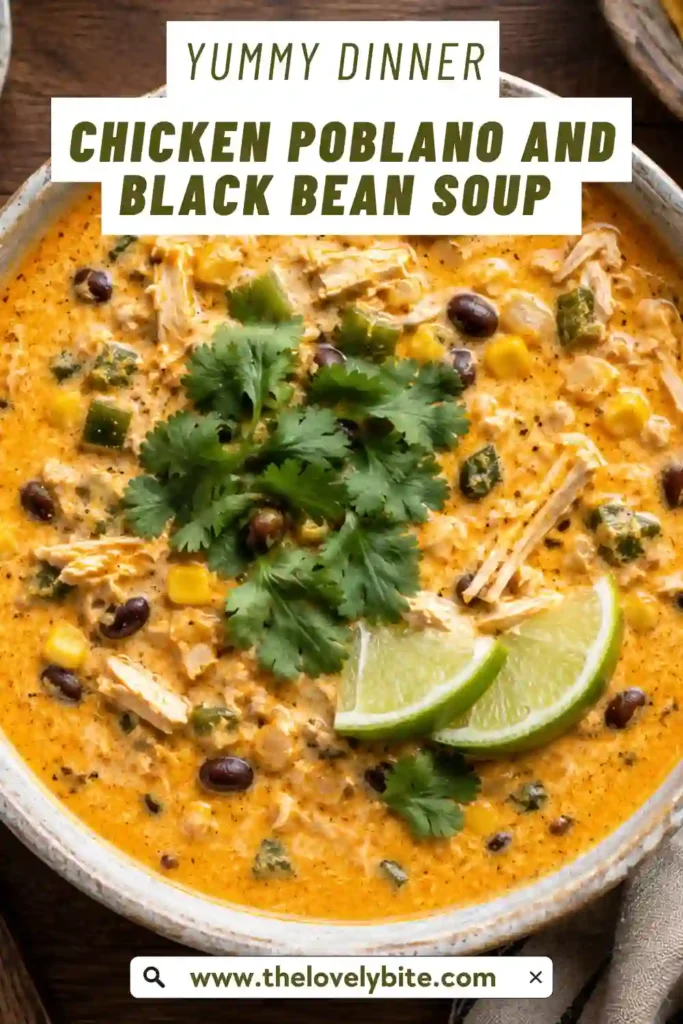 1. Chicken Poblano and Black Bean Soup served warm with shredded chicken, black beans, corn, and poblano peppers. The creamy soup is finished with fresh cilantro and lime.