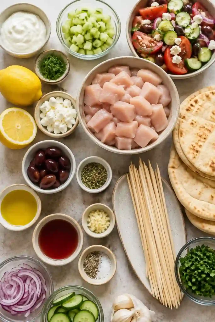 Grilled Chicken Souvlaki skewers served with creamy tzatziki, warm pita, and colorful Greek salad. The chicken is browned on the outside and tender inside, with fresh cucumber, tomatoes, olives, and feta alongside.
