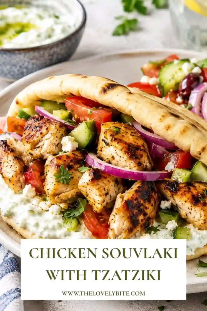 Chicken Souvlaki served family-style with homemade tzatziki, pita bread, and Greek salad. Tender grilled chicken is paired with fresh vegetables, feta cheese, Kalamata olives, and fragrant herbs.