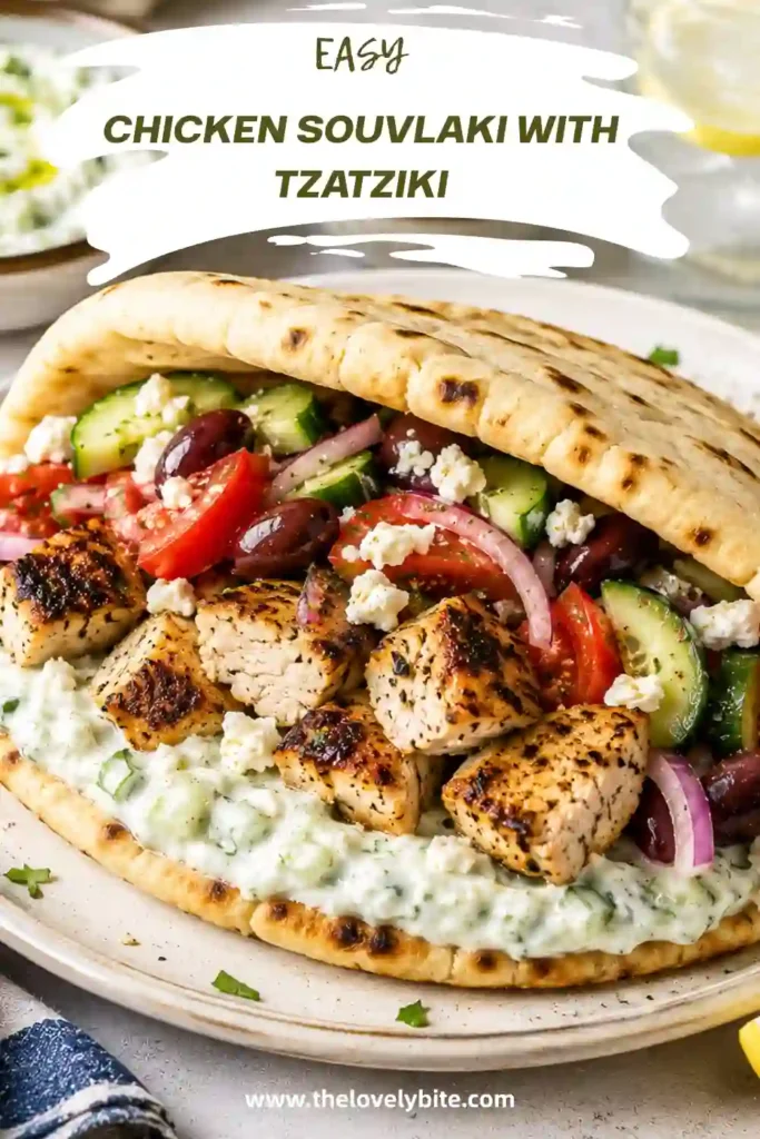 Close-up of Chicken Souvlaki with creamy cucumber tzatziki and a colorful Greek salad. Grilled chicken skewers are paired with warm pita, fresh herbs, feta, tomatoes, cucumber, and Kalamata olives.