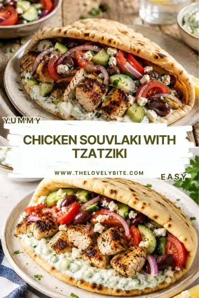 Mediterranean Chicken Souvlaki served with warm pita, homemade tzatziki, and a fresh Greek salad. Golden grilled chicken skewers are surrounded by tomatoes, cucumber, red onion, feta, olives, and fresh parsley.