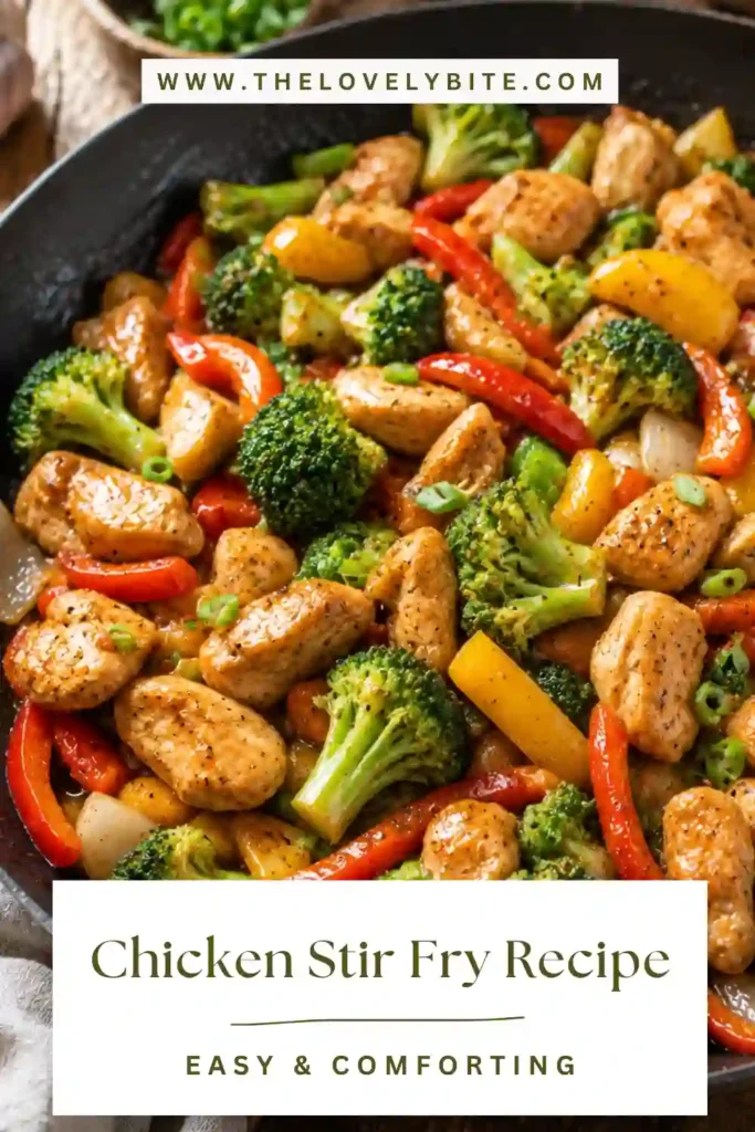 A bowl of healthy Chicken Stir Fry featuring juicy chicken breast, crisp vegetables, and a rich homemade stir fry sauce. Fresh, vibrant ingredients make this family-friendly meal both nutritious and delicious.
