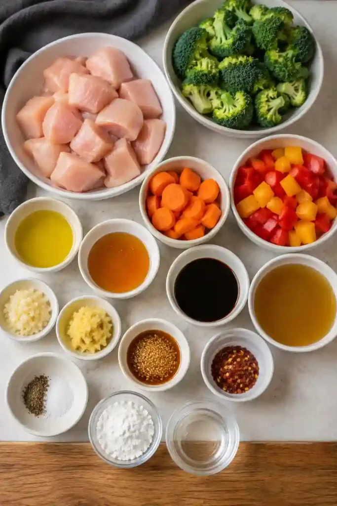 Chicken Stir Fry served over steamed rice with tender chicken, broccoli, bell peppers, and carrots coated in a glossy homemade stir fry sauce. This easy chicken stir fry is colorful, healthy, and perfect for a quick weeknight dinner.