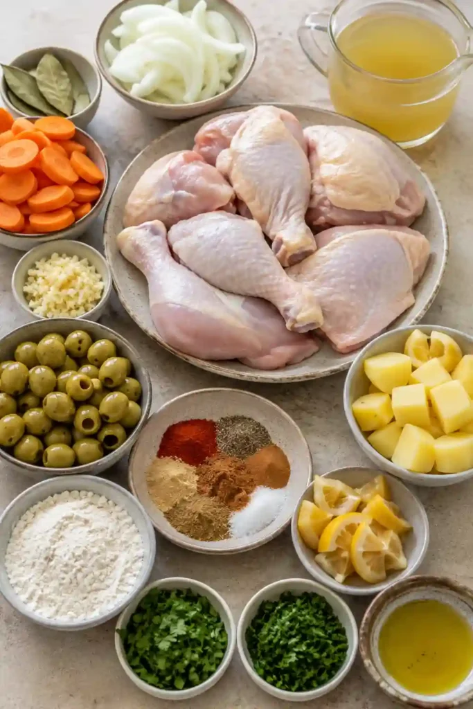A bowl of chicken tagine filled with tender spiced chicken, potatoes, carrots, green olives, and preserved lemon. The colorful Moroccan-inspired dish is garnished with fresh cilantro and parsley.