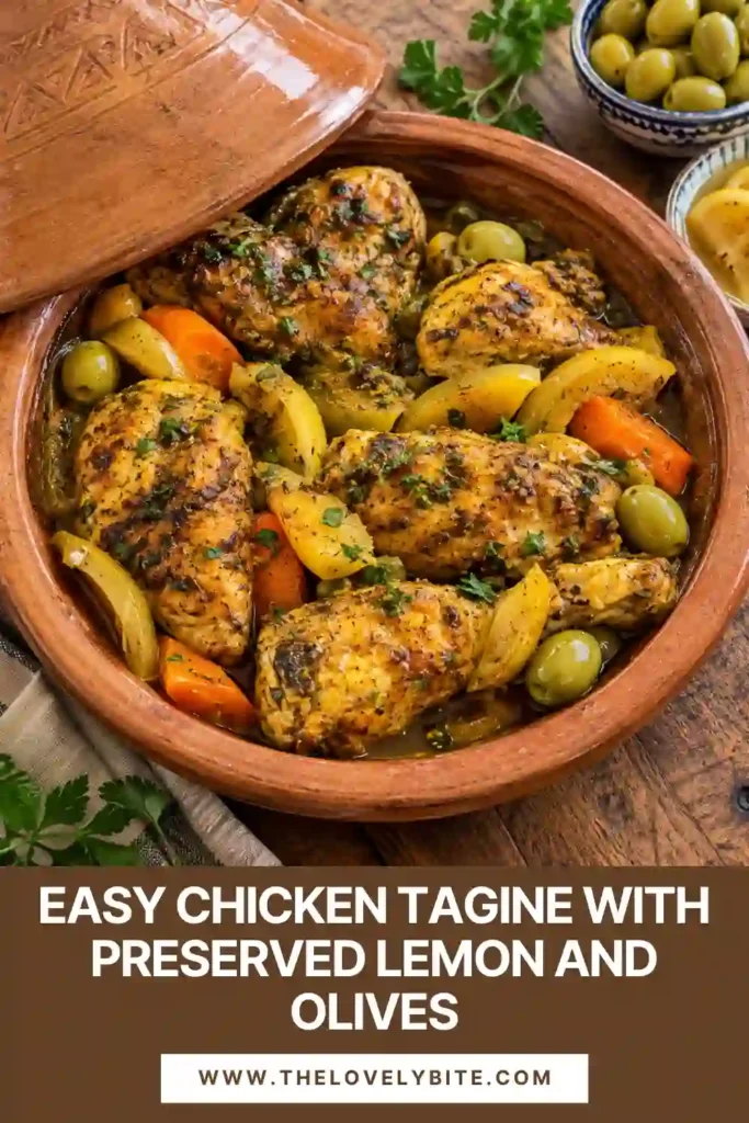 Moroccan chicken tagine served with golden potatoes, carrots, green olives, and preserved lemon. Fresh herbs add a vibrant green finish to the warmly spiced one-pot meal.