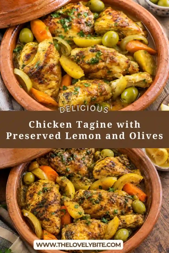 A rustic chicken tagine featuring browned chicken, carrots, potatoes, olives, and preserved lemon in a flavorful golden-brown sauce. Fresh parsley and cilantro are scattered over the top.