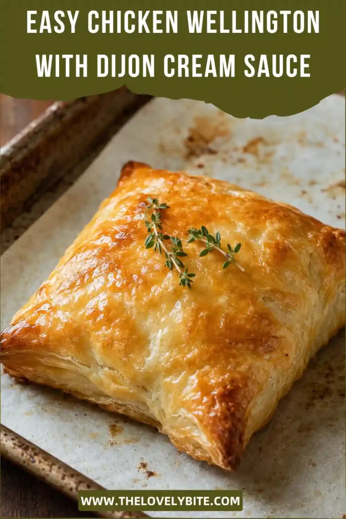Sliced Chicken Wellington showing tender chicken and finely minced mushroom filling inside crisp, flaky puff pastry. Creamy Dijon sauce is served alongside the golden pastry.