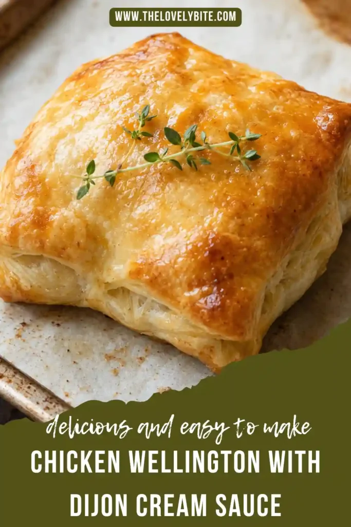 Homemade chicken puff pastry baked until golden brown and crisp, filled with seasoned chicken and savory mushrooms. Dijon cream sauce is served beside the pastry for dipping or drizzling.