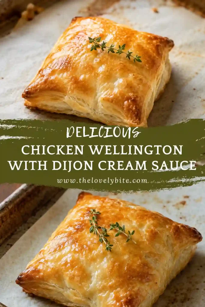 Chicken Wellington served fresh from the oven with a golden flaky crust and creamy Dijon sauce. The pastry surrounds tender chicken and a savory mushroom filling seasoned with garlic and thyme.