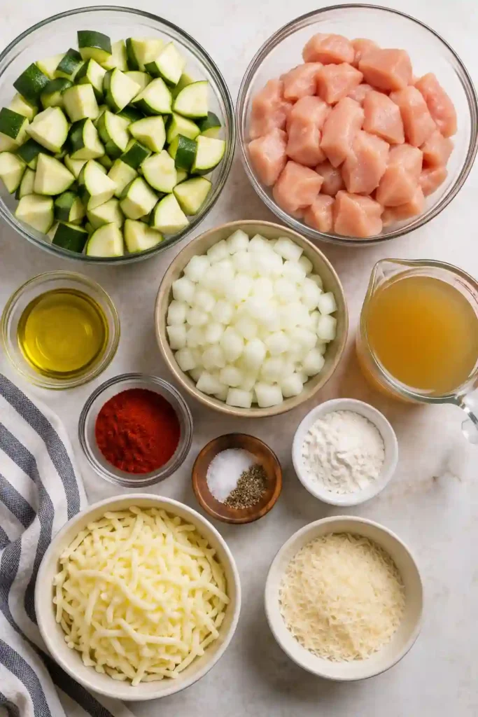 Freshly baked Chicken Zucchini Bake topped with golden melted Monterey Jack and Parmesan cheese. Tender chicken breast and zucchini create a comforting low carb family dinner.