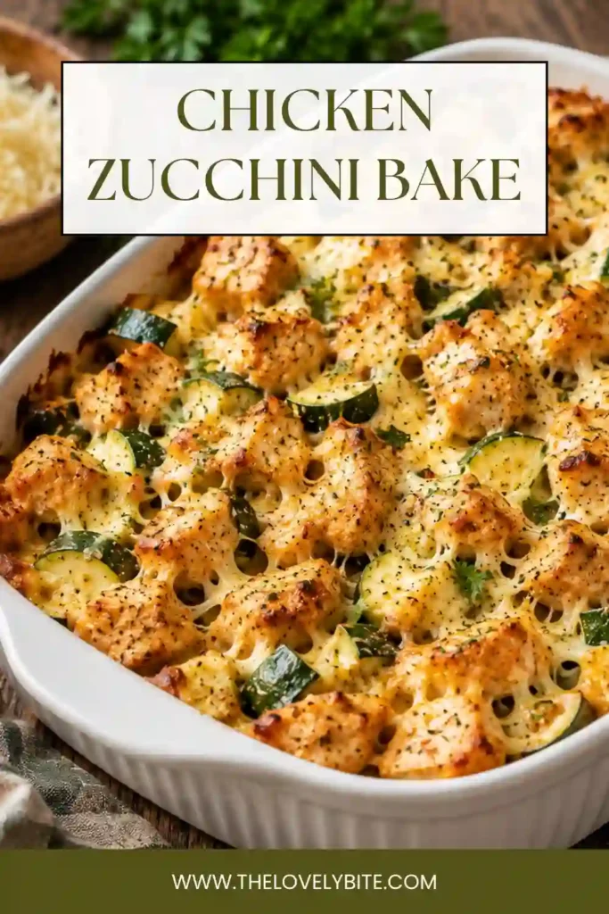 A cheesy Chicken Zucchini Bake served hot in a baking dish with juicy chicken pieces, tender zucchini, onions, and bubbling golden cheese. Perfect for an easy weeknight casserole.