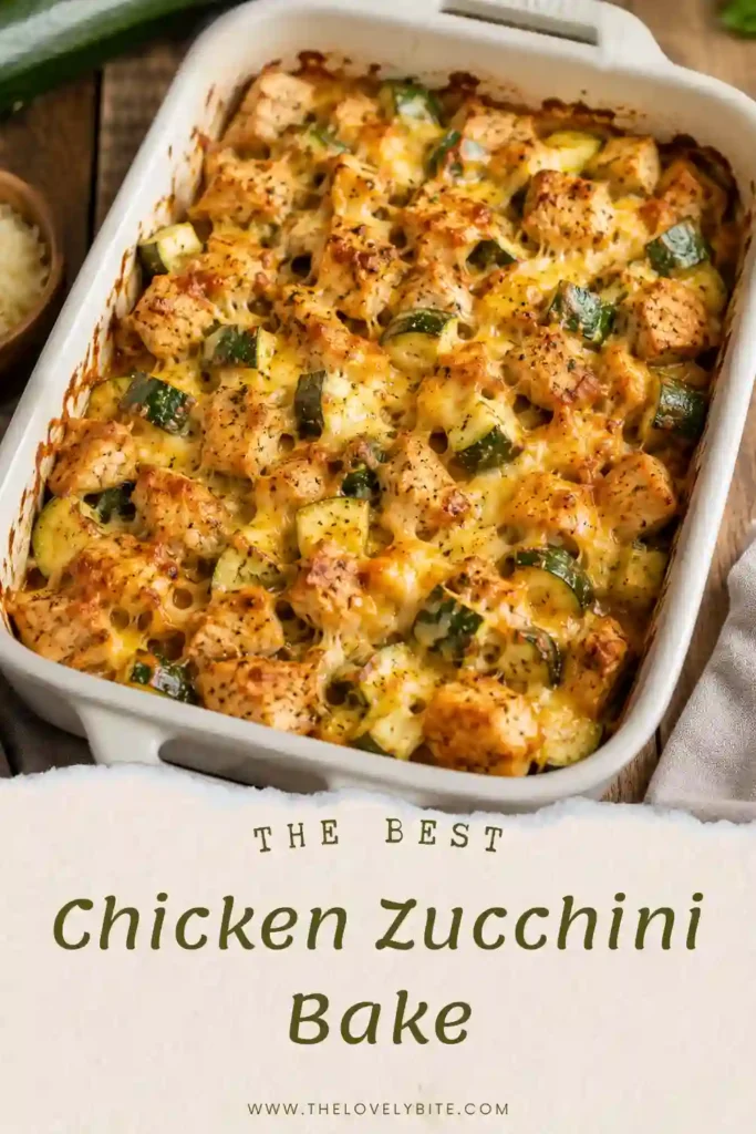 Healthy baked chicken and zucchini casserole featuring seasoned chicken breast, fresh vegetables, and a rich layer of melted cheese. A delicious one pan family meal.