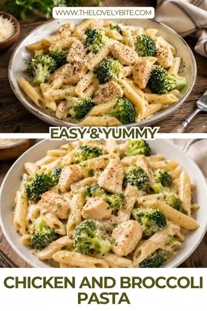 Close-up of homemade Chicken and Broccoli Pasta featuring juicy chicken, crisp broccoli, and creamy Parmesan cheese sauce over penne pasta. A delicious weeknight dinner served warm.