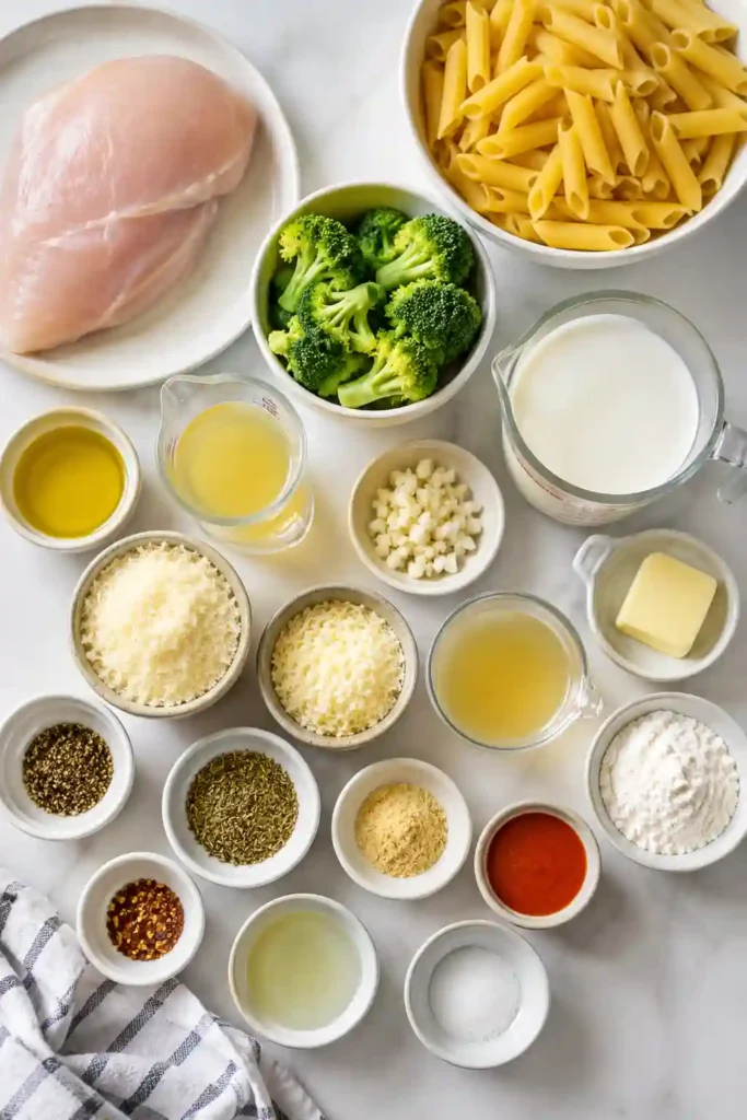 A bowl of creamy Chicken and Broccoli Pasta with tender chicken pieces, broccoli florets, and penne coated in rich Parmesan sauce. Fresh parsley and grated cheese add the perfect finishing touch.