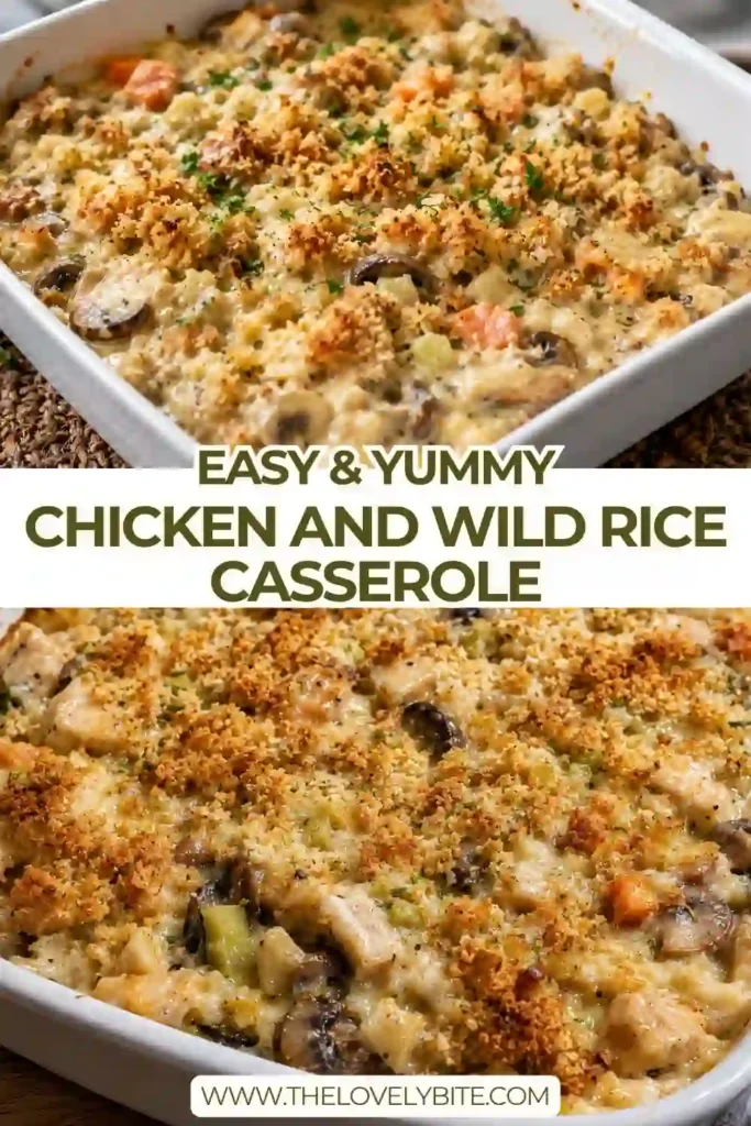 A serving of creamy chicken wild rice casserole showing tender chicken, wild rice, mushrooms, carrots, and celery coated in a rich cheddar-Parmesan sauce. The casserole has a golden brown cheesy panko crust.