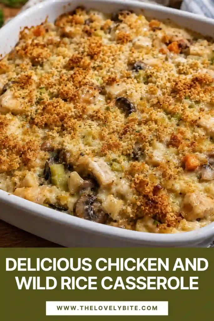 Homemade chicken rice casserole served warm with creamy wild rice, tender chicken, mushrooms, carrots, celery, and sharp cheddar. A crisp golden panko topping adds texture to the comforting baked dish.