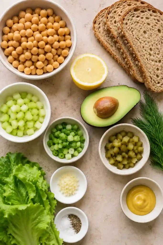 A chickpea avocado sandwich made with creamy mashed chickpeas and ripe avocado, topped with fresh lettuce. Dill pickles, celery, green onions, and fresh dill add color and texture to the filling.