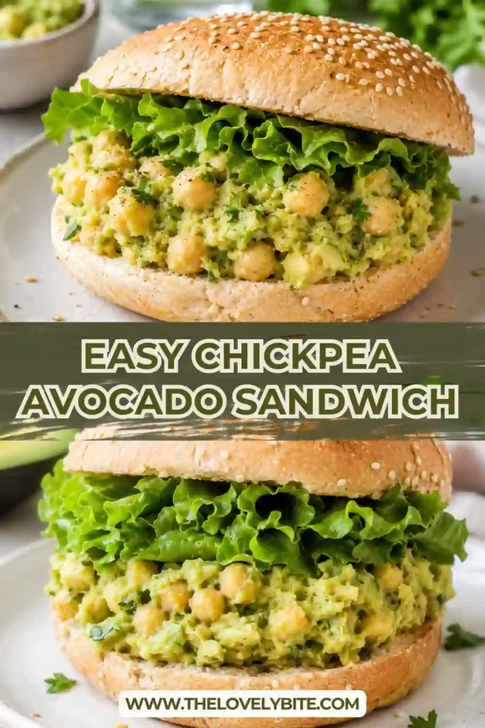 A healthy chickpea sandwich featuring mashed chickpeas, avocado, celery, dill pickles, green onions, and fresh dill on hearty bread. Crisp lettuce adds freshness and texture.