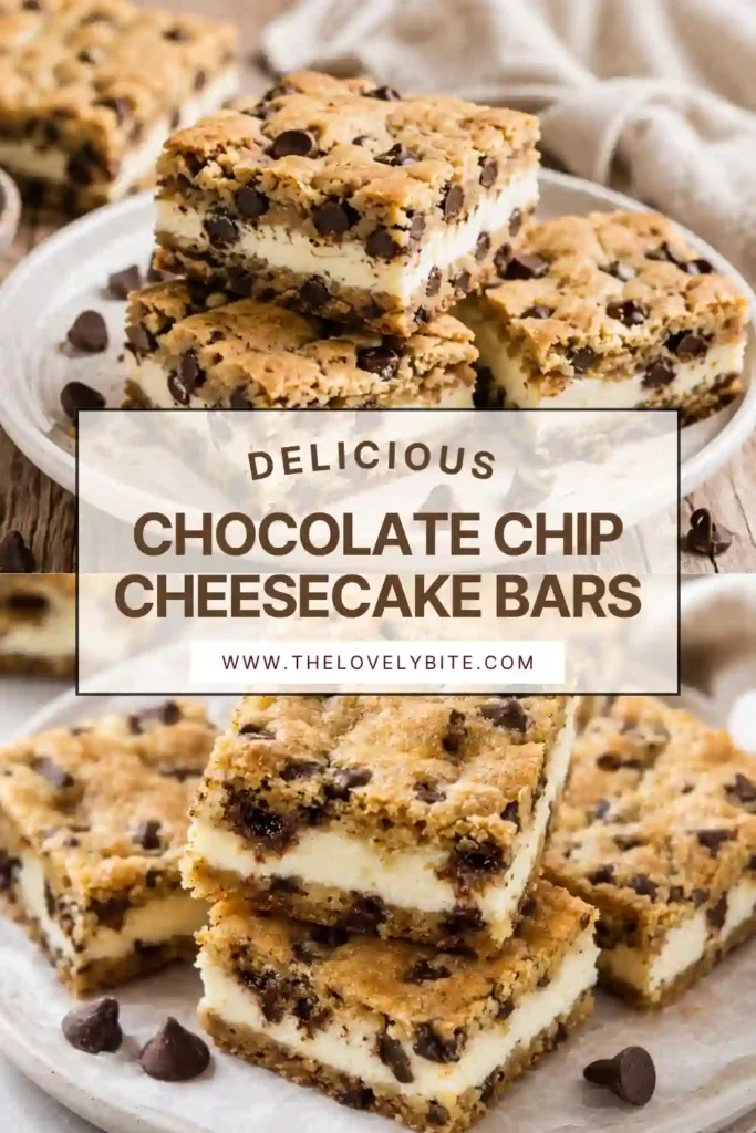Chocolate Chip Cheesecake Bars with golden chocolate chip cookie layers and a thick creamy cheesecake center. The chilled bars are sliced into squares with visible chocolate chips throughout.