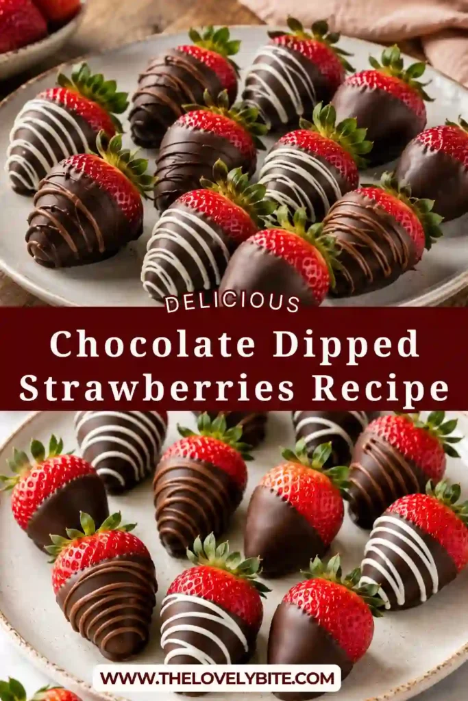 Fresh strawberries coated in smooth dark chocolate and finished with delicate white chocolate drizzle are arranged on parchment paper. This Chocolate Dipped Strawberries Recipe creates an elegant homemade dessert that's perfect for holidays and special occasions.