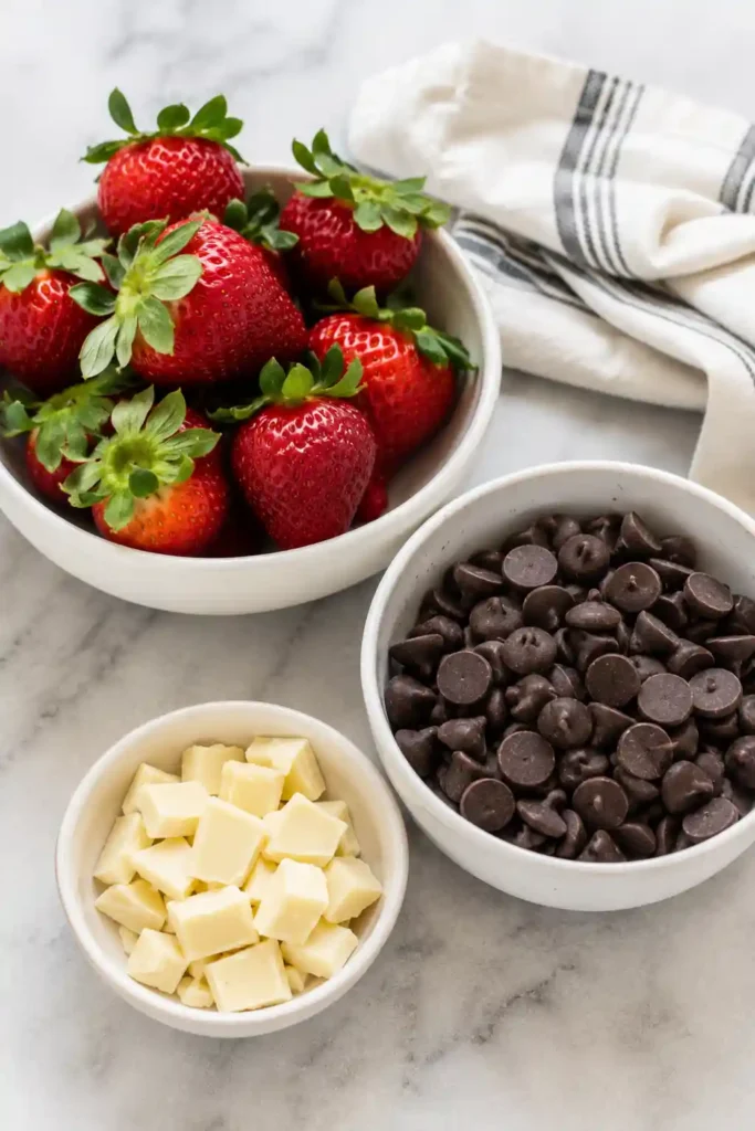 Beautiful chocolate dipped strawberries made with fresh ripe strawberries and premium dark chocolate are displayed on parchment paper. This easy homemade dessert is perfect for parties and romantic dinners.