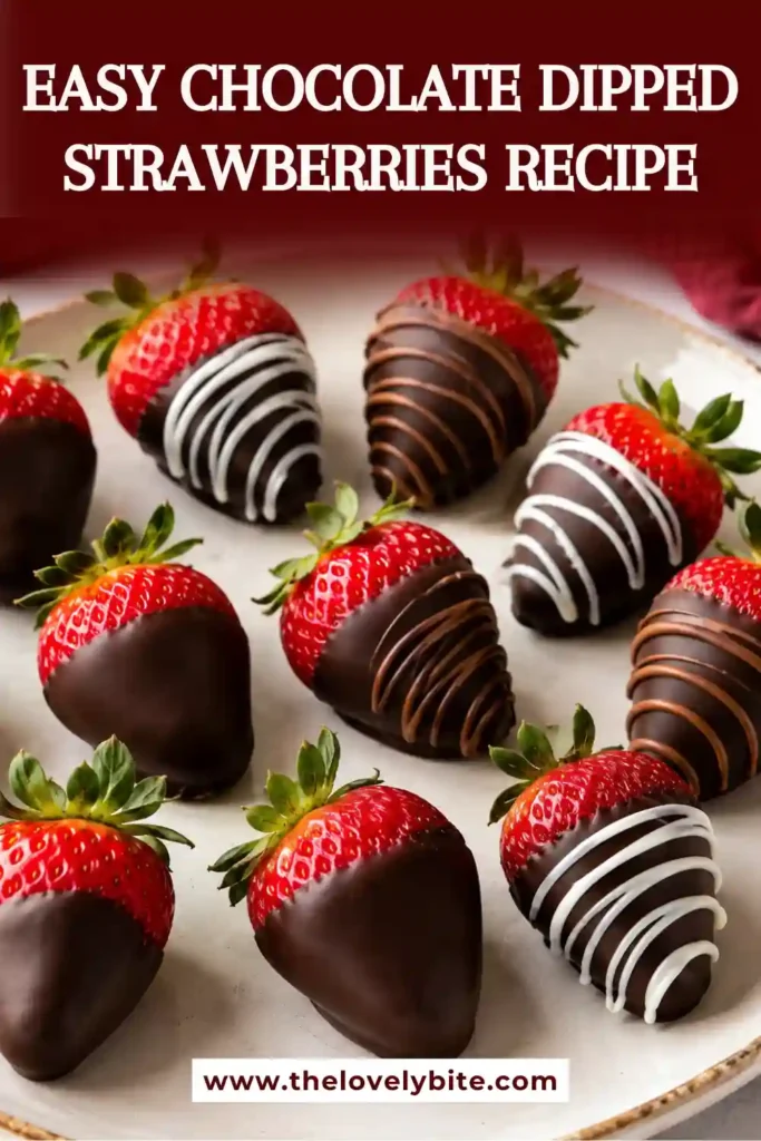 A platter of homemade chocolate covered strawberries made with fresh strawberries, rich dark chocolate, and decorative white chocolate drizzle. They make a beautiful romantic dessert recipe for any celebration.