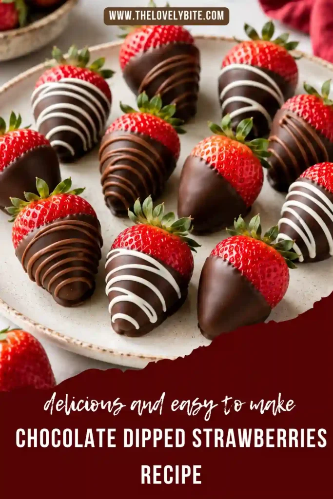 Dark chocolate dipped strawberries with elegant white chocolate drizzle are displayed on a serving platter. This fresh strawberry dessert is easy to prepare and perfect for Valentine's Day.