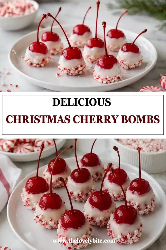 Christmas Cherry Bombs made with bright red maraschino cherries dipped in white chocolate and crushed peppermint candy. The chocolate covered cherries are arranged on parchment with their stems pointing upward.