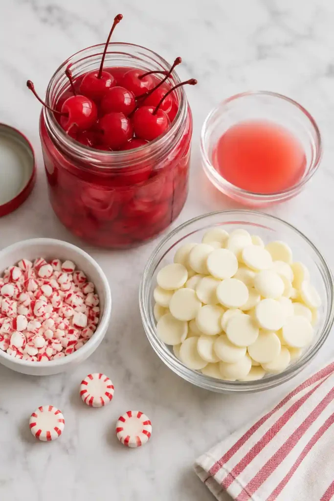 Festive Christmas Cherry Bombs served as a holiday dessert with red maraschino cherries, white chocolate, and crushed peppermint candies. These chocolate covered cherries have a bright seasonal finish.