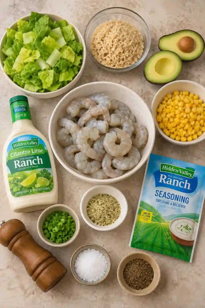 A colorful bowl filled with grilled cilantro lime shrimp, brown rice, avocado slices, corn, and crisp romaine lettuce. Creamy cilantro lime ranch dressing is drizzled over the fresh ingredients for a vibrant healthy meal.