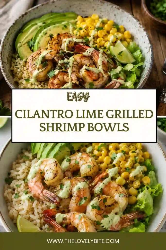 A vibrant cilantro lime grilled shrimp bowl garnished with sliced green onions and creamy ranch dressing over brown rice and fresh vegetables. Ideal for meal prep and healthy family dinners.