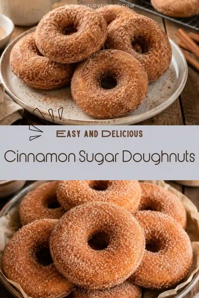 Homemade Cinnamon Sugar Doughnuts and doughnut holes displayed together on a serving plate. Each doughnut is coated with cinnamon sugar for a warm, aromatic finish.