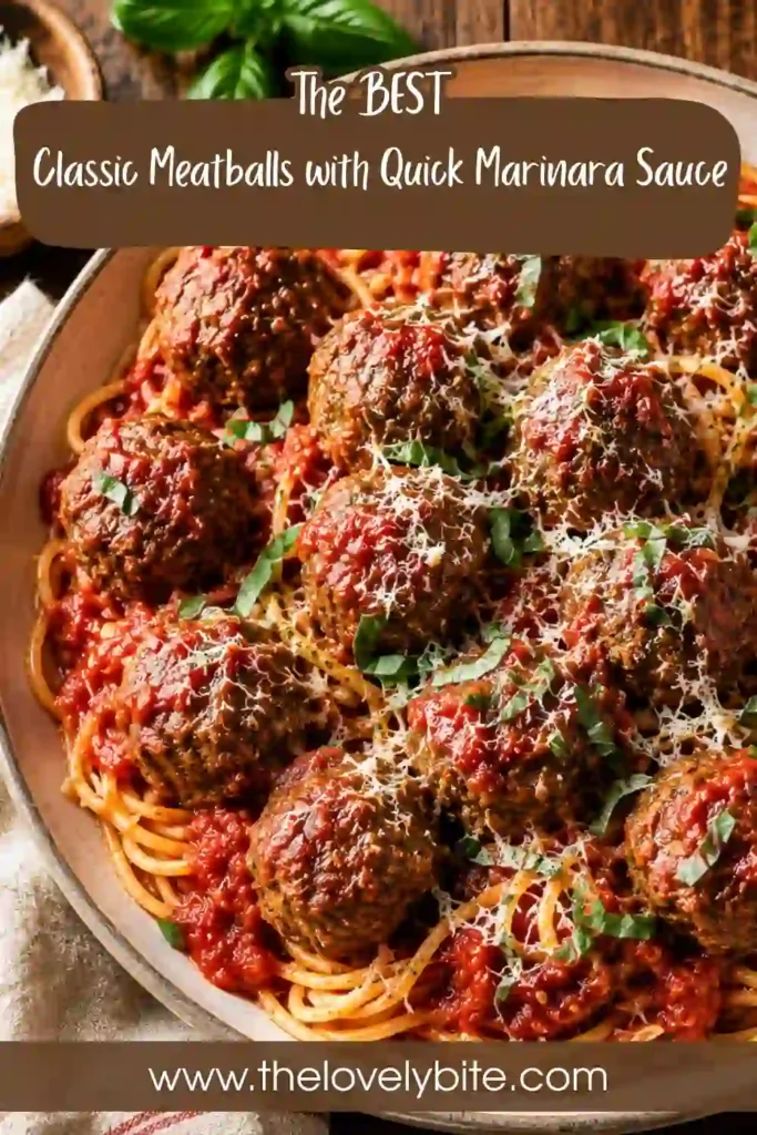 A plate of homemade classic meatballs covered in quick marinara sauce and served with spaghetti. Grated Parmesan and fresh herbs add a flavorful finishing touch to this comforting pasta dinner.