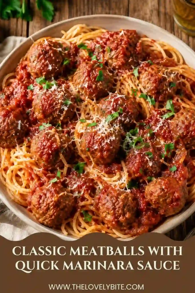 Classic meatballs served in a bowl with spaghetti and homemade marinara sauce, topped with grated Italian cheese and fresh parsley. This hearty meatball pasta dish is warm, savory, and family-friendly.
