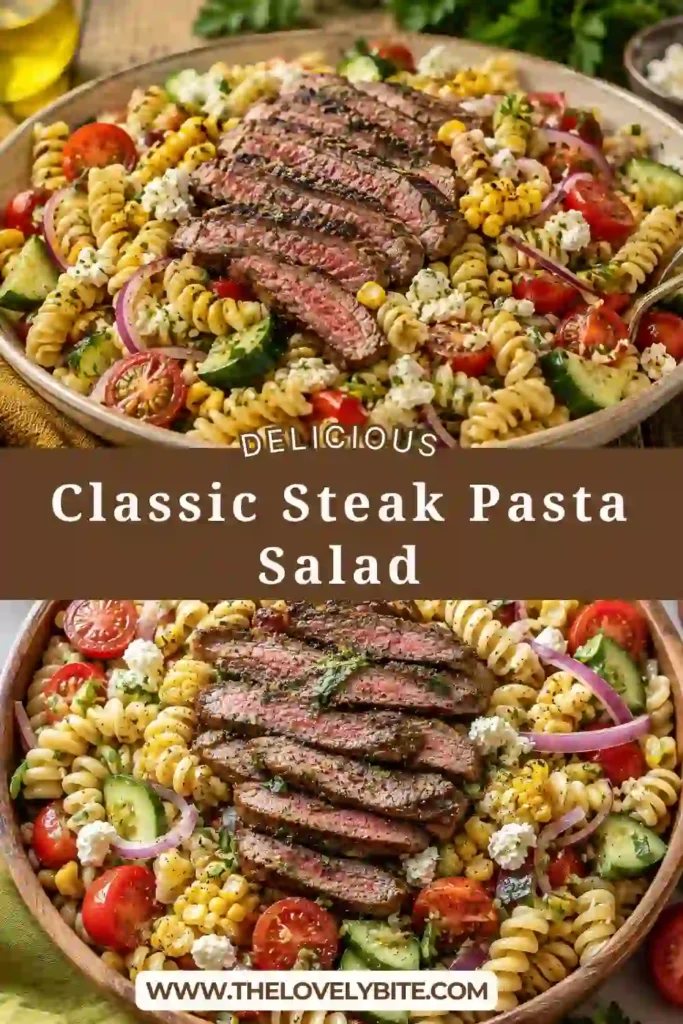 A bowl of Classic Steak Pasta Salad featuring juicy grilled ribeye, charred corn, cherry tomatoes, cucumber, cotija cheese, and fresh cilantro tossed with cilantro lime dressing. This colorful summer pasta salad is perfect for backyard barbecues and family meals.