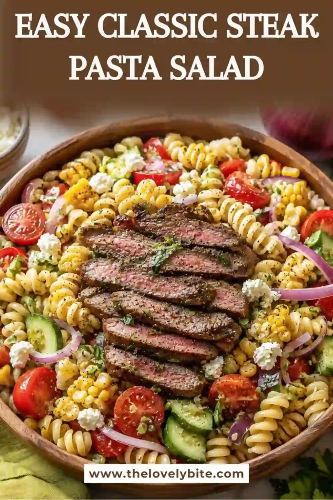 Grilled steak pasta salad with ribeye, fusilli, grilled corn, bell peppers, tomatoes, cucumber, and cotija cheese served in a large bowl. A colorful summer favorite with bold grilled flavors.