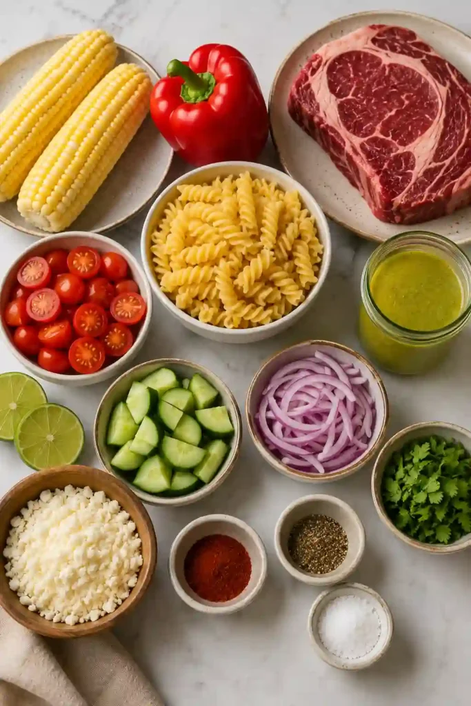 Classic Steak Pasta Salad served in a rustic bowl with grilled ribeye, fresh vegetables, fusilli pasta, cotija cheese, and cilantro lime dressing. Ideal for picnics, cookouts, and meal prep.