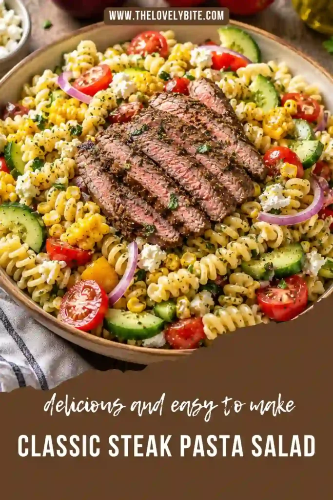 A vibrant BBQ pasta salad made with grilled ribeye steak, charred vegetables, fusilli pasta, cilantro, lime, and cotija cheese. Every ingredient adds fresh flavor and colorful texture.