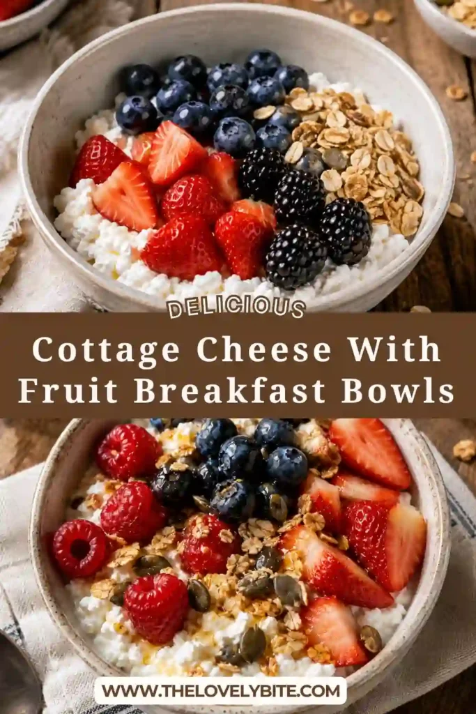 A bowl of creamy cottage cheese topped with fresh blueberries, strawberries, blackberries, crunchy granola, and honey. This healthy cottage cheese breakfast is colorful, fresh, and high in protein.